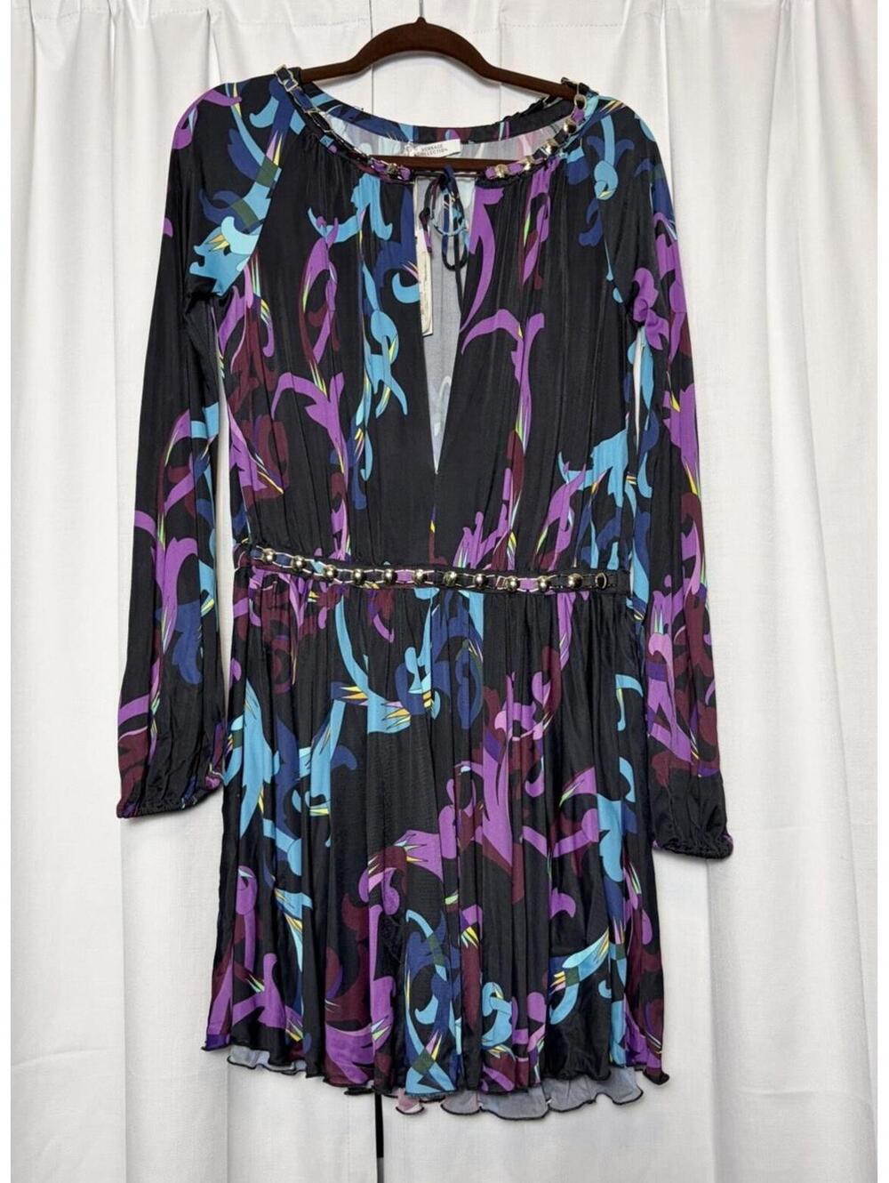 Versace Abito Donna Jersey Stampato Blue And Purple Floral Print Dress 44 (US 8)